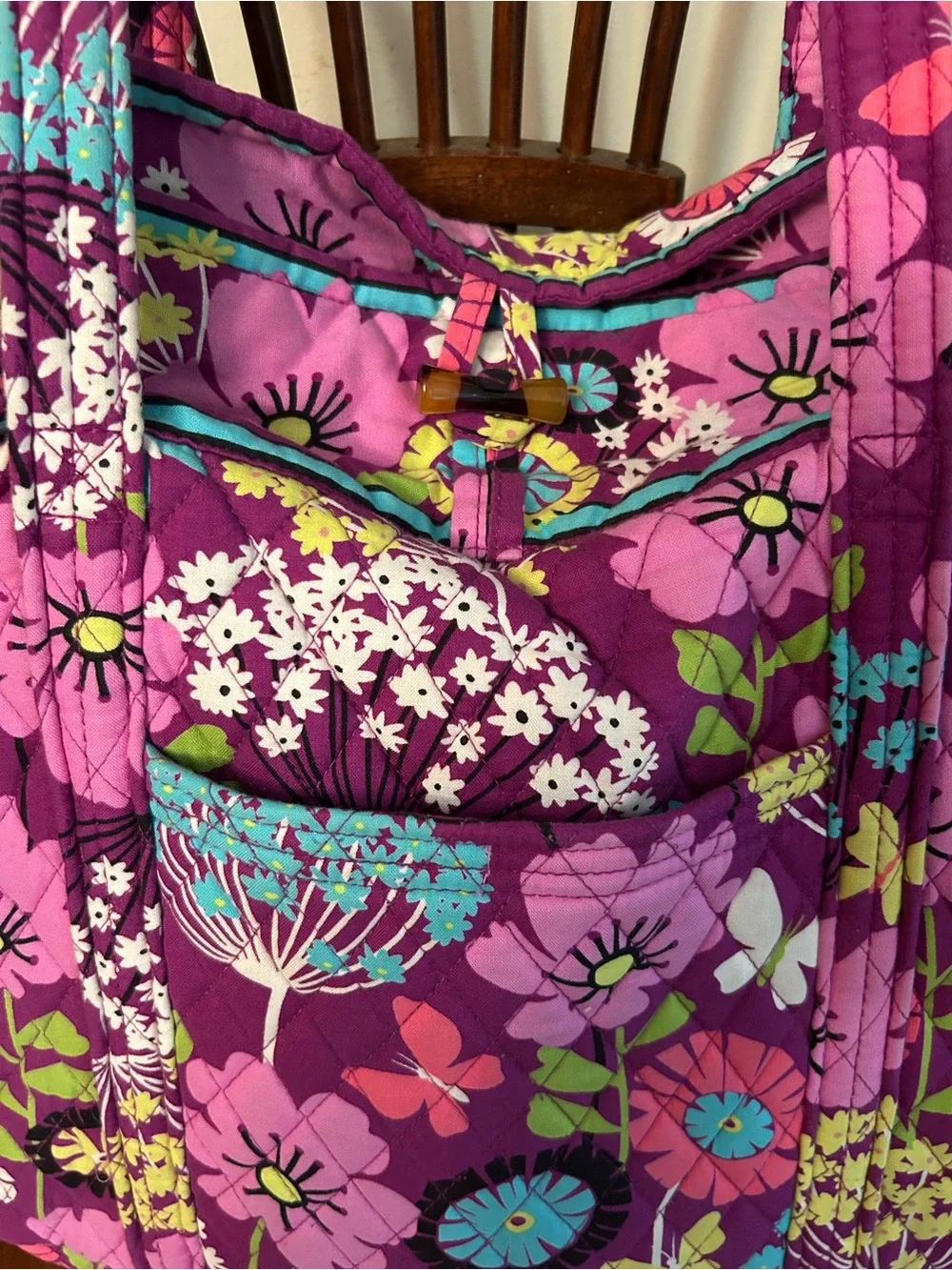 Vera Bradley Purple Floral Quilted Shoulder Tote with Pink & Teal Accents